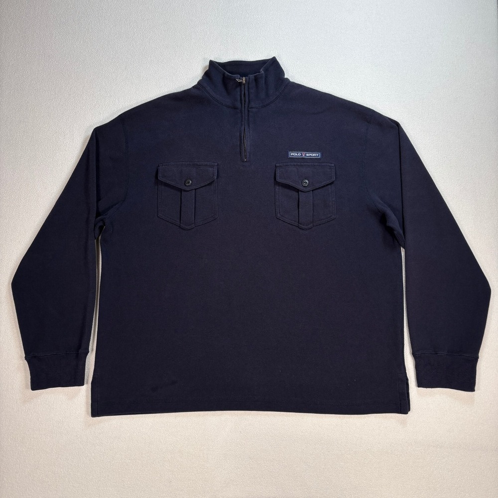Polo Sport Ralph Lauren 1/4 Zip Men's L Navy Flap Pockets Sweatshirt *STAINS*
